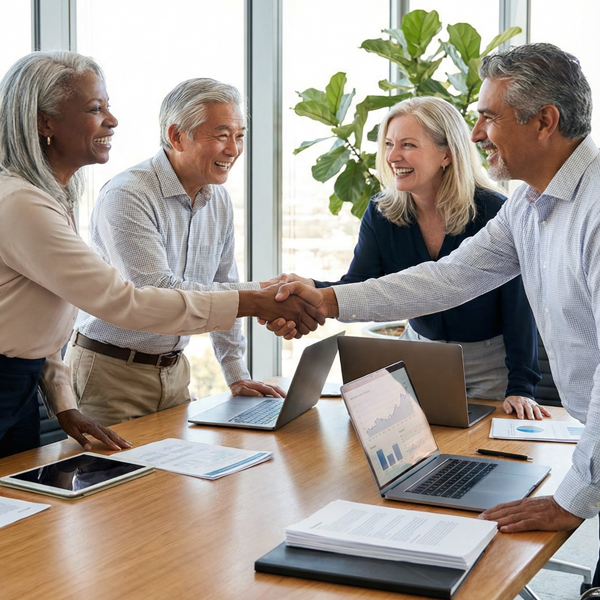 Business partners, smiling and shaking hands in agreement to collaborate with Learn More Technologies.