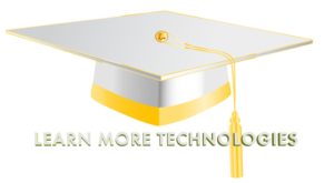 learn more tech White doctorate graduation cap with gold trim.