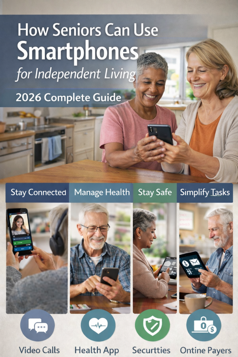 Senior adults using digital devices to connect with family and access online services.