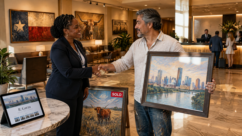 Digital Pioneer artist displaying and selling his artwork in a hotel lobby