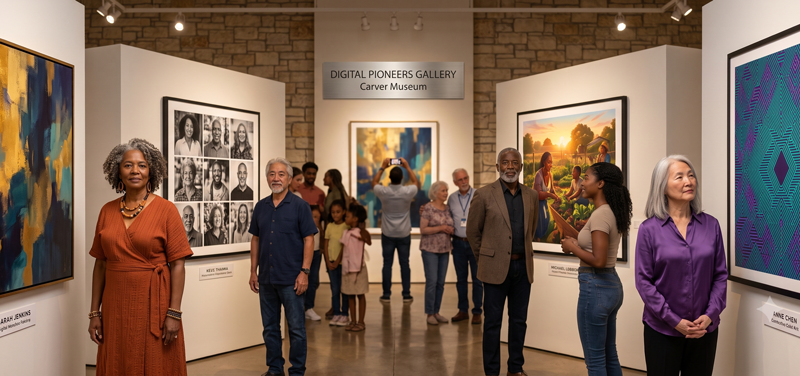 Adults and families touring the 50+ Digital Pioneers Gallery at the Carver Museum, with artwork and portraits on the walls
