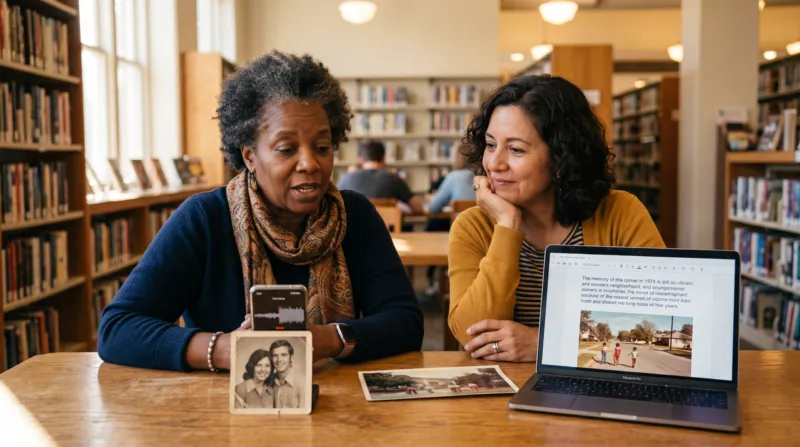 Two women using AI to record and shape their stories at a library